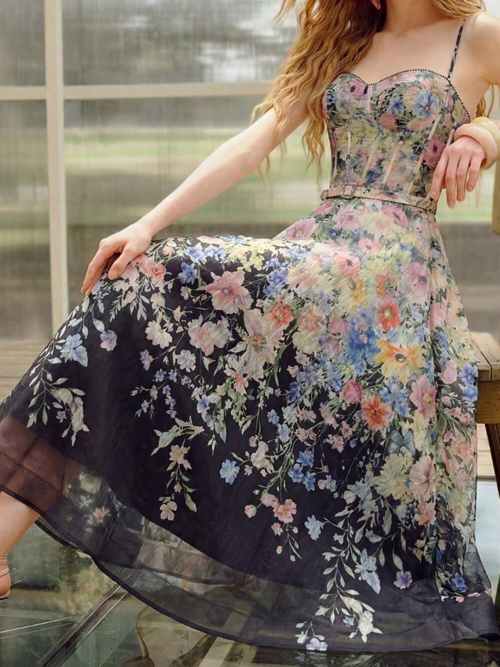 Black Elegant Women's Floral Print Bustier Slip Long Dress With Belt - Picture 4 of 5